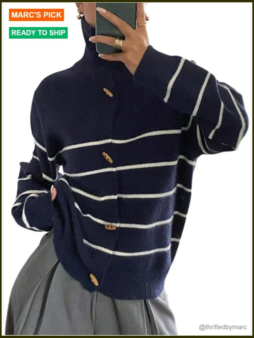 Striped Button Down Cardigan Collared Long Sleeve Knit Sweater Retro Outerwear